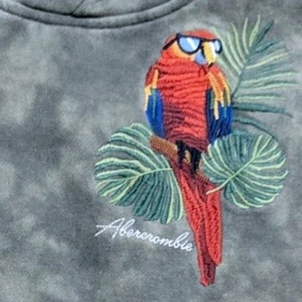 Abercrombie Kids Olive Green Acid Wash Embroidered Parrot Tropical Hoodie 11/12 - Picture 3 of 7